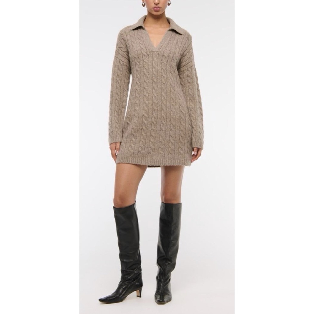 NWT Abercrombie Cable Knit Polo Sweater Dress MT Tan Neutral Coquette Soft Girl